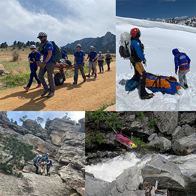 Collage showing various emergency on-trail rescues by responders on foot, horseback, in snow, and in rushing water
