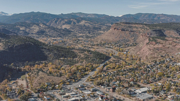 Aerial photo of the town of Lyons in Boulder County, Colorado.