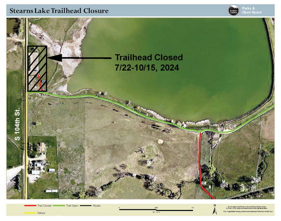 trailhead closure map indicating access trail south of parking lot