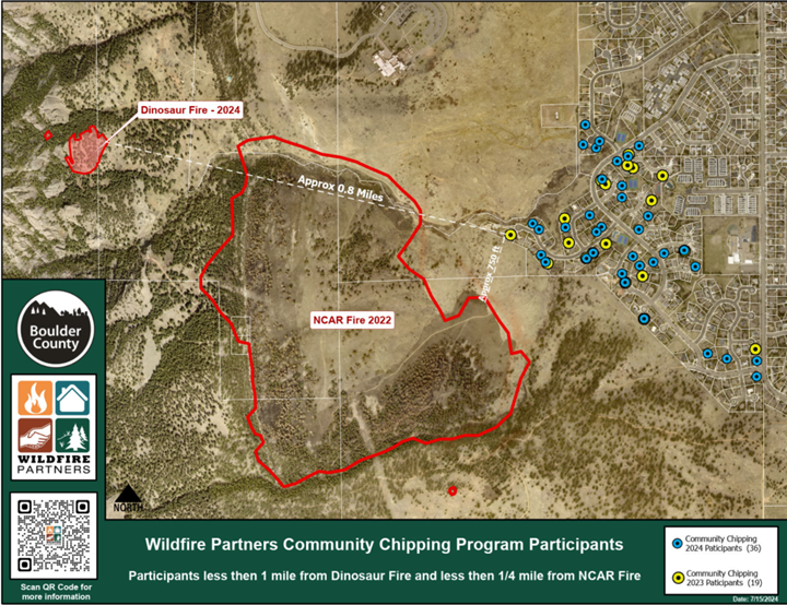 Map showing the Dinosaur and NCAR fire areas and Wildfire Partners nearby chipping in western Boulder