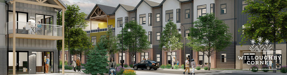 apartment building with people walking