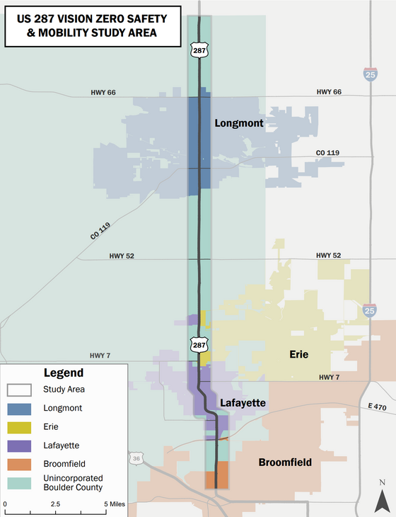 US 287 Vision Zero Safety & Mobility Study Area map