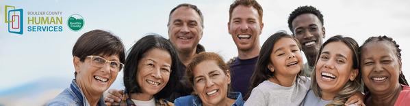 Human Services banner image with a diverse array of people smiling and the department logo