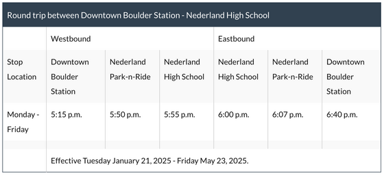 Boulder Canyon Extra bus service schedule