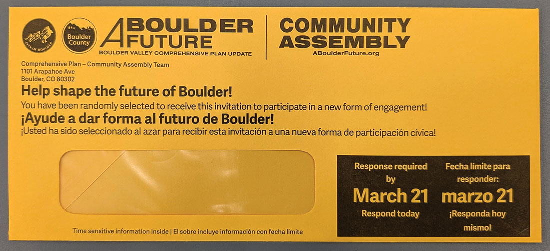 A yellow envelope that 10,000 residents will receive as part of the BVCP Community Assembly 