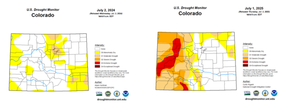 Colorado drought map comparing July 2, 2024 to July 1, 2025