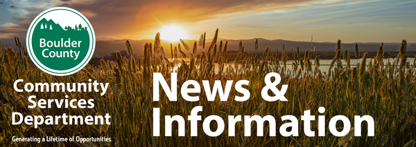 Image of the Community Services logo over an image of the front range foothills at sunset