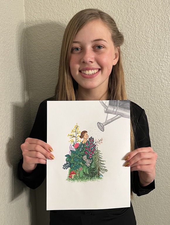 9-12 First Place Winner Jane with her art, an illustration of a woman among plants being watered by a watering can