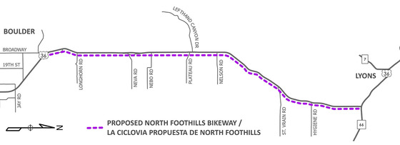 Map of the planned North Foothills Bikeway between Boulder and Lyons