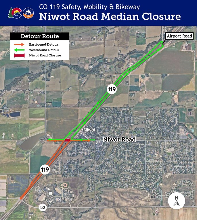 Temporary closure map of Niwot Road median between northbound and southbound CO 119/Diagonal Highway