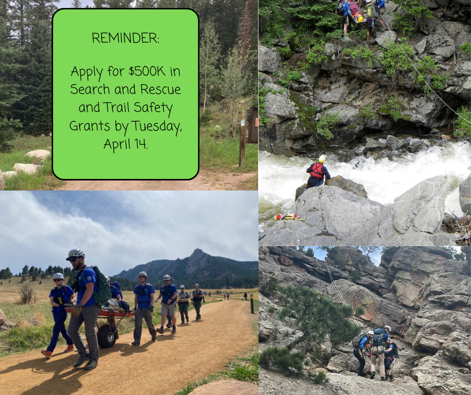 Search and rescue teams perform mountain, trail, and fast moving water rescues, with text that says Apply for $500K in Grants by Tuesday, April 14