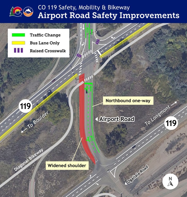 Map showing the Airport Road median at CO 119 intersection transitioning to northbound one-way