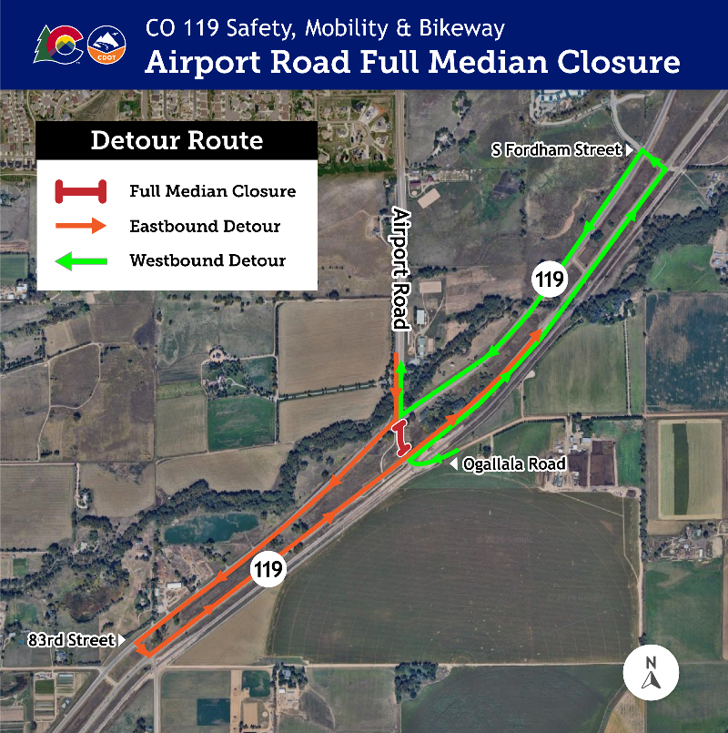 CO 119 Airport Road Full Median Closure Detour map