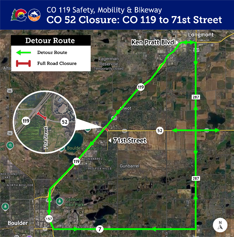 Temporary Closure of CO 52 Between CO 119 and 71st Street detour map