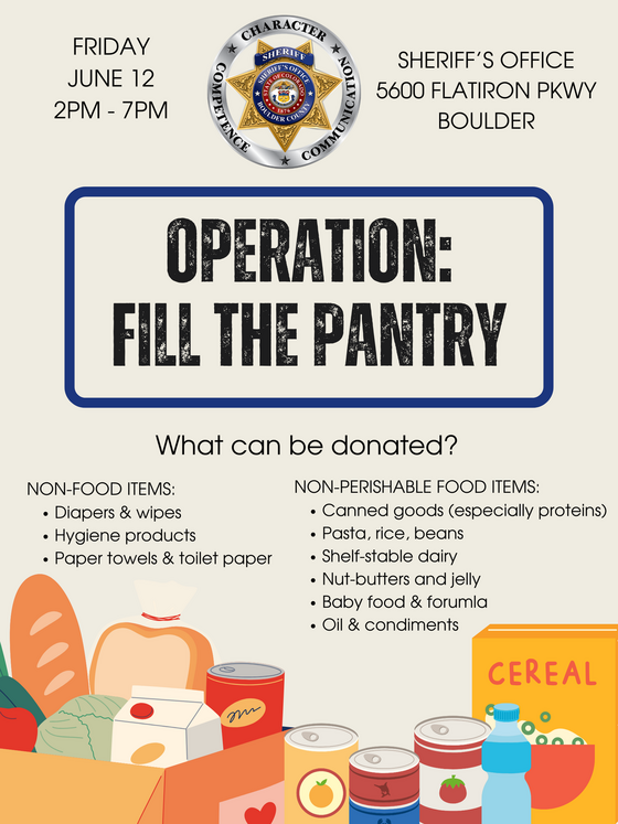Poster for "Operation: Fill The Pantry" Food Drive with pictures of food items and event information.