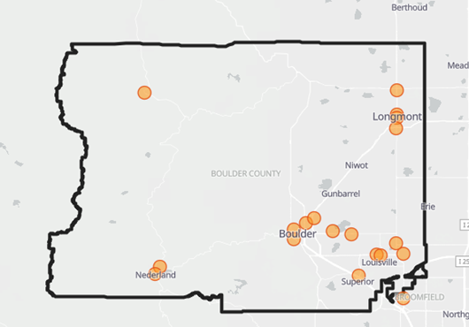 A map showing the various places that have vape device disposal in Boulder County