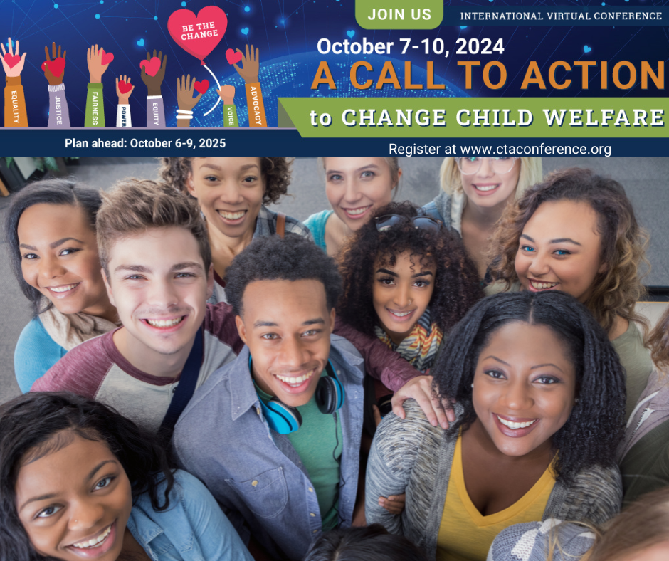 Diverse group of people smiling at the camera. "Call to action to change child welfare" October 7-10 2024