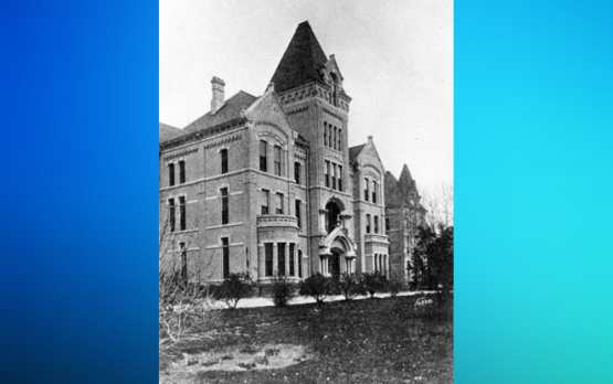 Black and white photo of the former Administration Building on what is now the Colorado Mental Health Hospital in Pueblo campus
