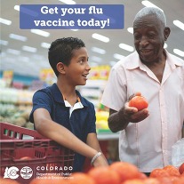 Adult and child talking at grocery store