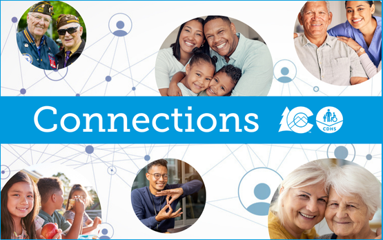 Connections and CDHS logo surrounded by photos of people of all ages, including older people and children veterans and a person using sign language. 