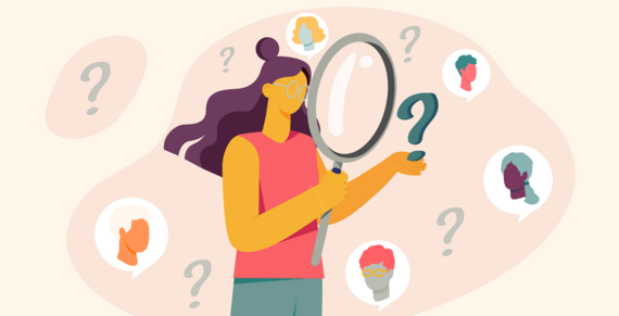 Cartoon woman holding magnifying glass looking for people to join her club.