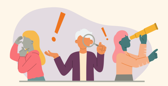 Cartoon of three people searching and keeping an eye out 