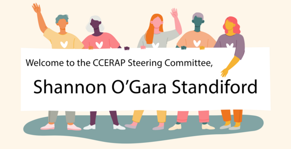 Cartoon people holding up a sign that reads "welcome to the CCERAP Steering Committee, Shannon O'Gara Standiford."