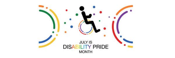 An icon of a person in a wheelchair. The backdrop has pride colors.