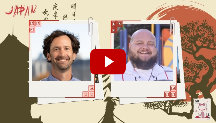 Photos of Joe Homlar and Nate Bustamente against a background of Japanses symbols and landscapes with a red Play arrow in the center