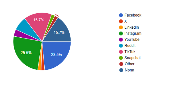 Colorful pie chart showing Instagram with 25/5%, Facebook with 23.5%, and TikTok and Non with 15.7%