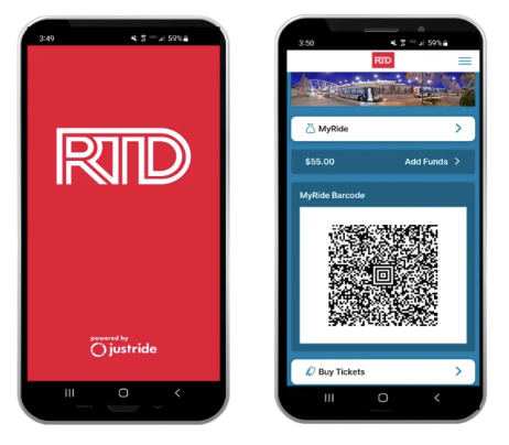 Cell phone showring RTD homescreen and scannable EcoPass