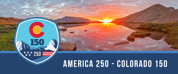 America 250 - Colorado 150 logo and the sun coming up over a mountain range