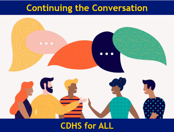 Continuing the Conversation and CDHS for ALL framing a colorful illustration of a group of smiling people beneath speech bubbles