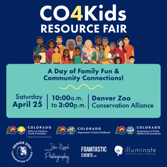 Invitation to the CO4Kids Resource Fair. An image of a diverse group of families.