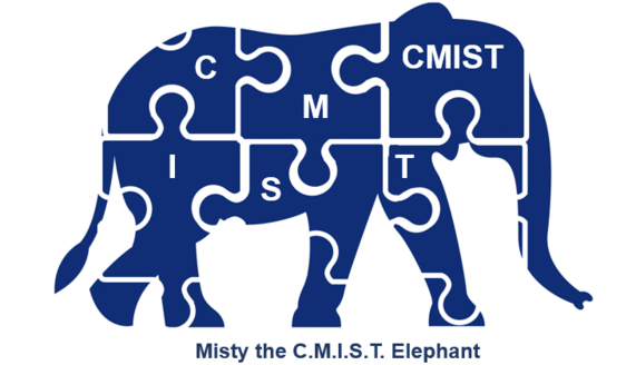 Misty the CMIST Elephant - Blue puzzle pieces form an elephant with the letters "C" "M" "I" "S" "T" and "CMIST"