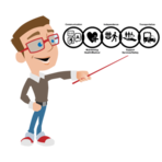 Cartoon image of a male teacher pointing to the 5 interlocked CMIST resource rings with a pointer stick.
