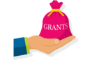Graphic of an open palm holding a small bag with the text "Grants"