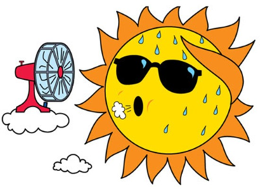 Clip art of a cartoon sun wearing sunglasses sweating and being cooled by a fan resting on a cloud.