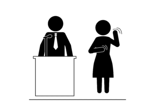 Clip art of person speaking behind a podium on the left with an American Sign Language Interpreter on the right.