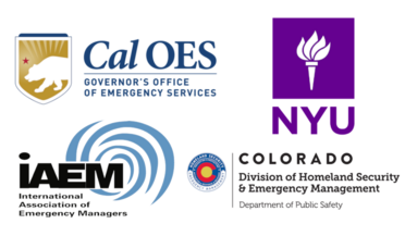 Logos of - California OES, NYU, IAEM, and Colorado DHSEM