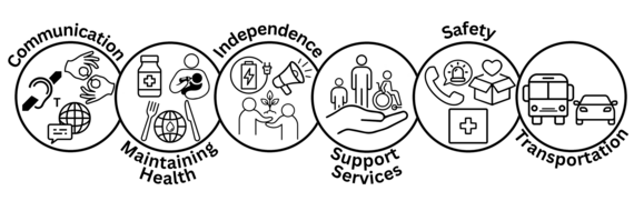 CMIST Logo with 6 rings from left to right reading: Communication, Maintaining Health, Independence, Support Services, Safety, and Transportation