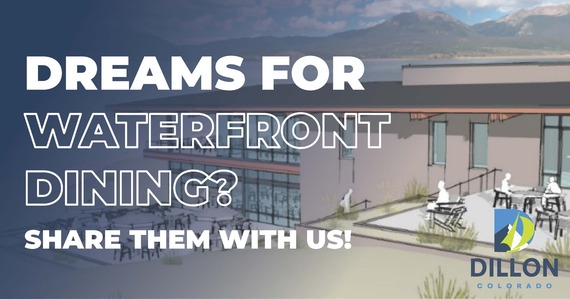 Outdoor dining area at Dillon waterfront, showcasing tables with stunning views of the lake and surrounding mountains.