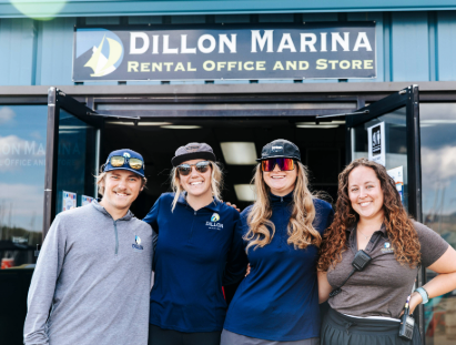 Exterior view of Dillon Marina rental office and store, showcasing its inviting atmosphere and boating rental services.