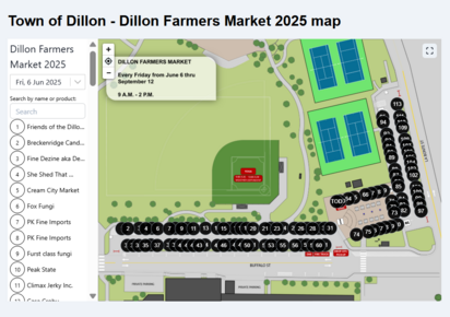 Map of the Dillon Farmers Market 2025, detailing vendor locations and layout within the town.