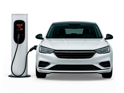 A white electric car is plugged in and charging at a public charging station.