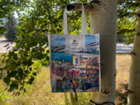 A tote bag adorned with an artistic depiction of individuals interacting in a vibrant scene