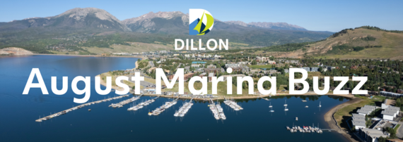 A vibrant marina scene featuring boats and people enjoying a sunny day in Dillon, August, with a lively atmosphere