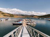 A serene dock with several boats moored, surrounded by calm water and a clear sky.