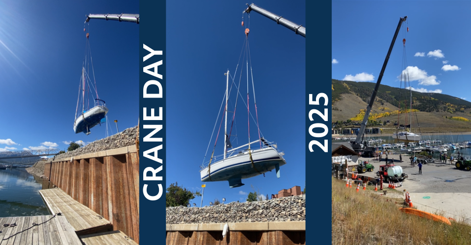 Three images of a crane day event featuring boats and a large crane in action on the water.