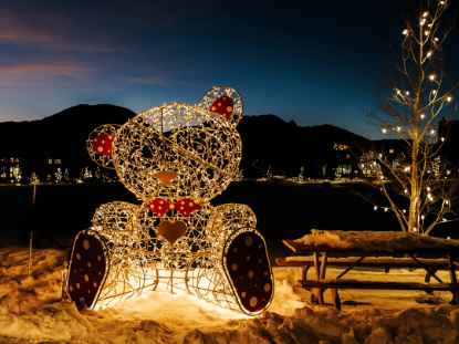 A wire teddy bear adorned with colorful lights, creating a whimsical and festive appearance